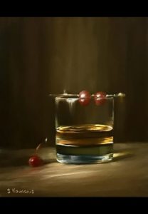 Cherries depicted beside a glass of liquor entitled Cherries and Glow by Susan Kounanis