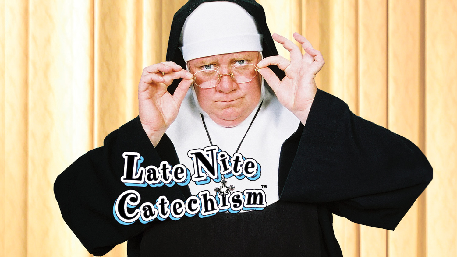 Nun with composite of Late Nite Catechism logo