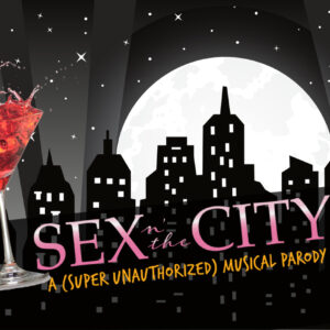 Composite for Sex n the City with city skyline and martini glass.