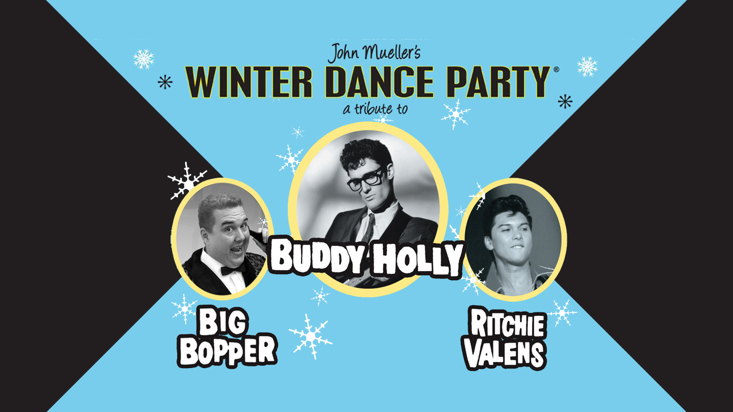 Composite John Mueller's Winter Dance Party with singers Buddy Holly, Big Bopper, and Ritchie Valens