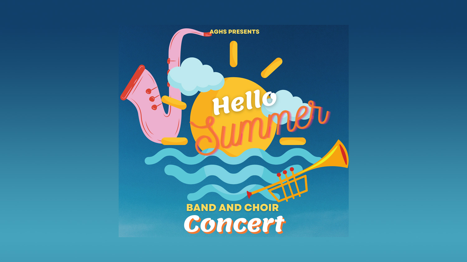 Composite of musical instruments in front of sun and waves with text Hello Summer Concert