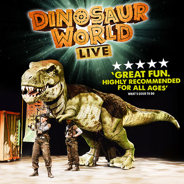 Puppeteers controlling a giant lifelike t-rex with Dinosaur World Live text.