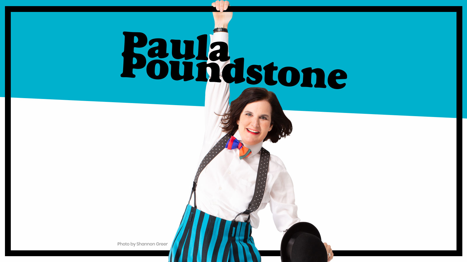 Paula Poundstone hanging off the frame of the image.