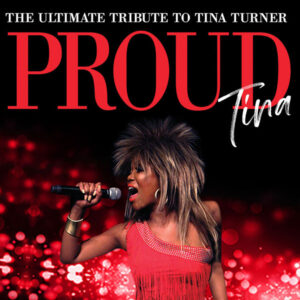 Tina Turner singer performing with microphone with Proud Tina text.