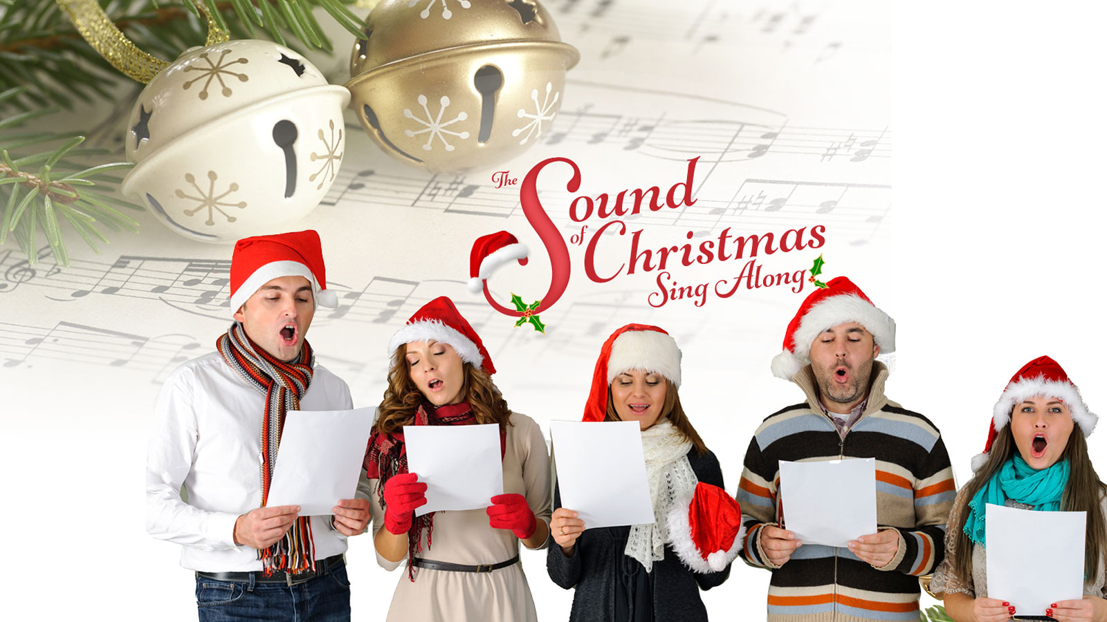 Carolers with santa hats composite with text Sound of Christmas Sing-Along