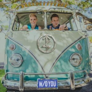 Thompson Square inside a blue and while VW van.
