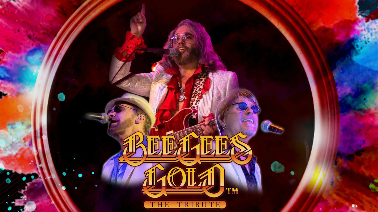 Composite of singers dressed as Gibbs with Bee Gees Gold logo