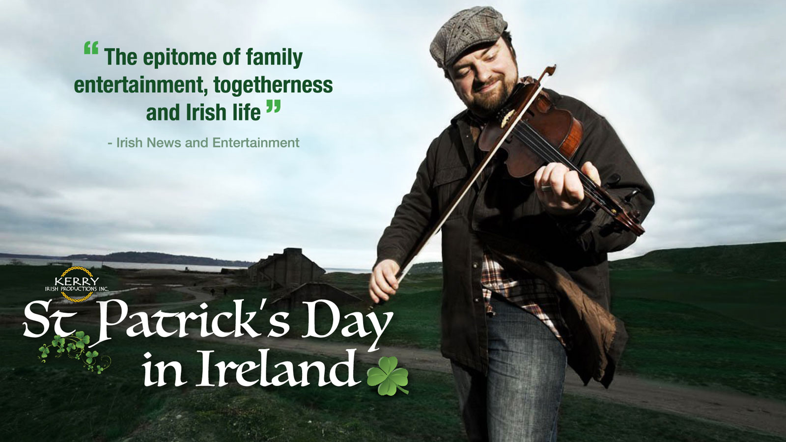 Man fiddling in front of Irish countryside