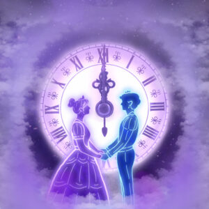 Cinderella and Prince in front of clock with purple clouds.