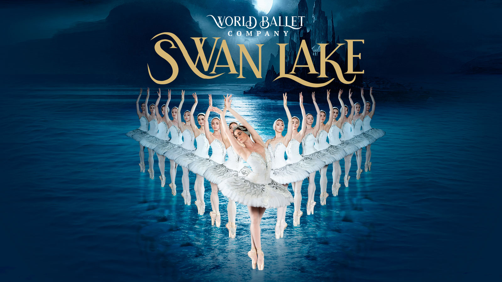 A line of ballet dancers standing on point with World Ballet Company Swan Lake text