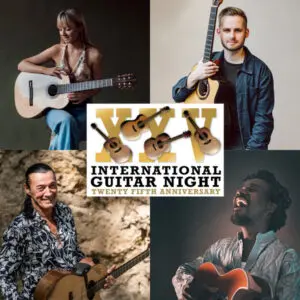 Composite of International Guitar Night artists Lulo Reinhardt, Alexandra Whittingham, Niwel Tsumbu, and Soenke Meinen