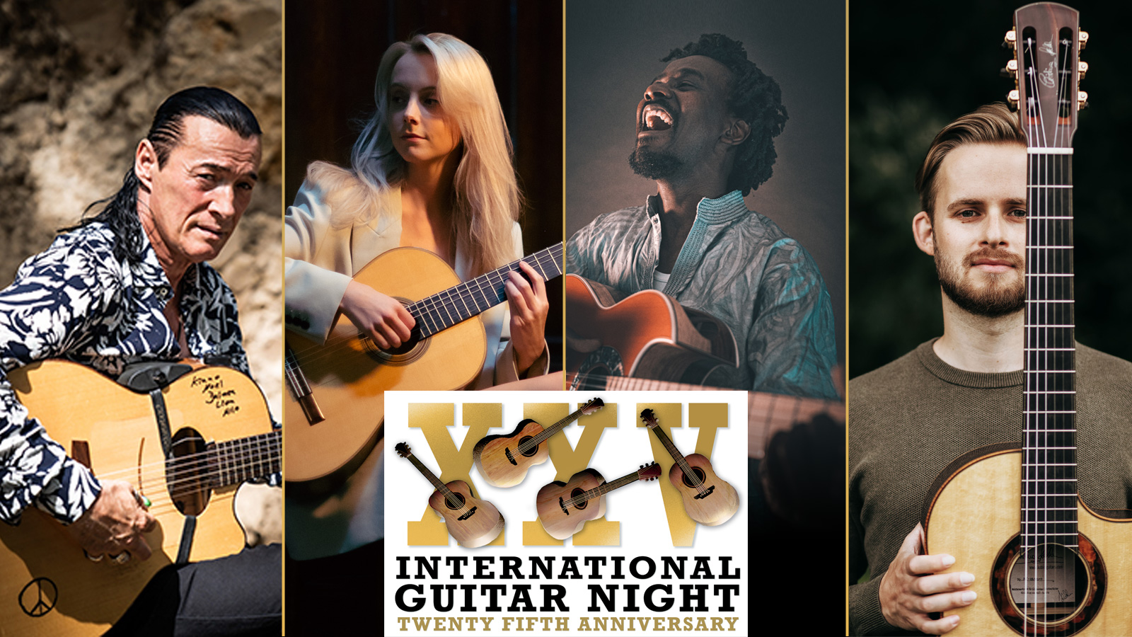 Composite of International Guitar Night artists Lulo Reinhardt, Alexandra Whittingham, Niwel Tsumbu, and Soenke Meinen