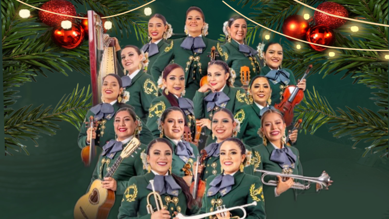 A large group of female Mariachi players from MARIACHI FEMENIL ESTRELLA DE MEXICO.