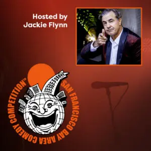 San Francisco Bay Area Comedy Competition Globe Logo beside photo of host Jackie Flynn