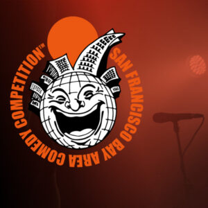 San Francisco Bay Area Comedy Competition Globe Logo beside Microphone on Stand