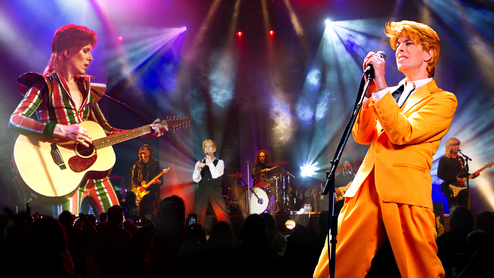 David Brighton performing in bright yellow suit as David Bowie.