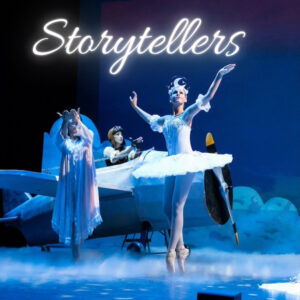 Storytellers text composite with a ballerina in a cloudy dreamscape.
