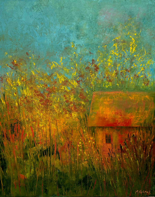 Painting of a house amongst a landscape by Marcia Kortas