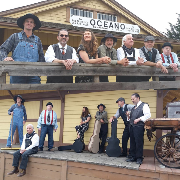 Members of Dusty Shoes band assembled at Oceano Train Depot