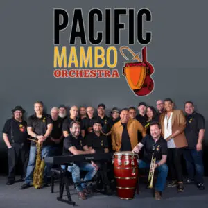 Members of the Pacific Mambo Orchestra under a PMO logo.