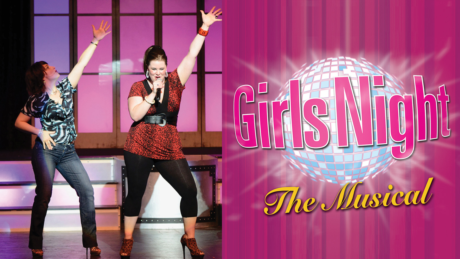 Composite of two women dancing with microphones and Girls Night: The Musical logo