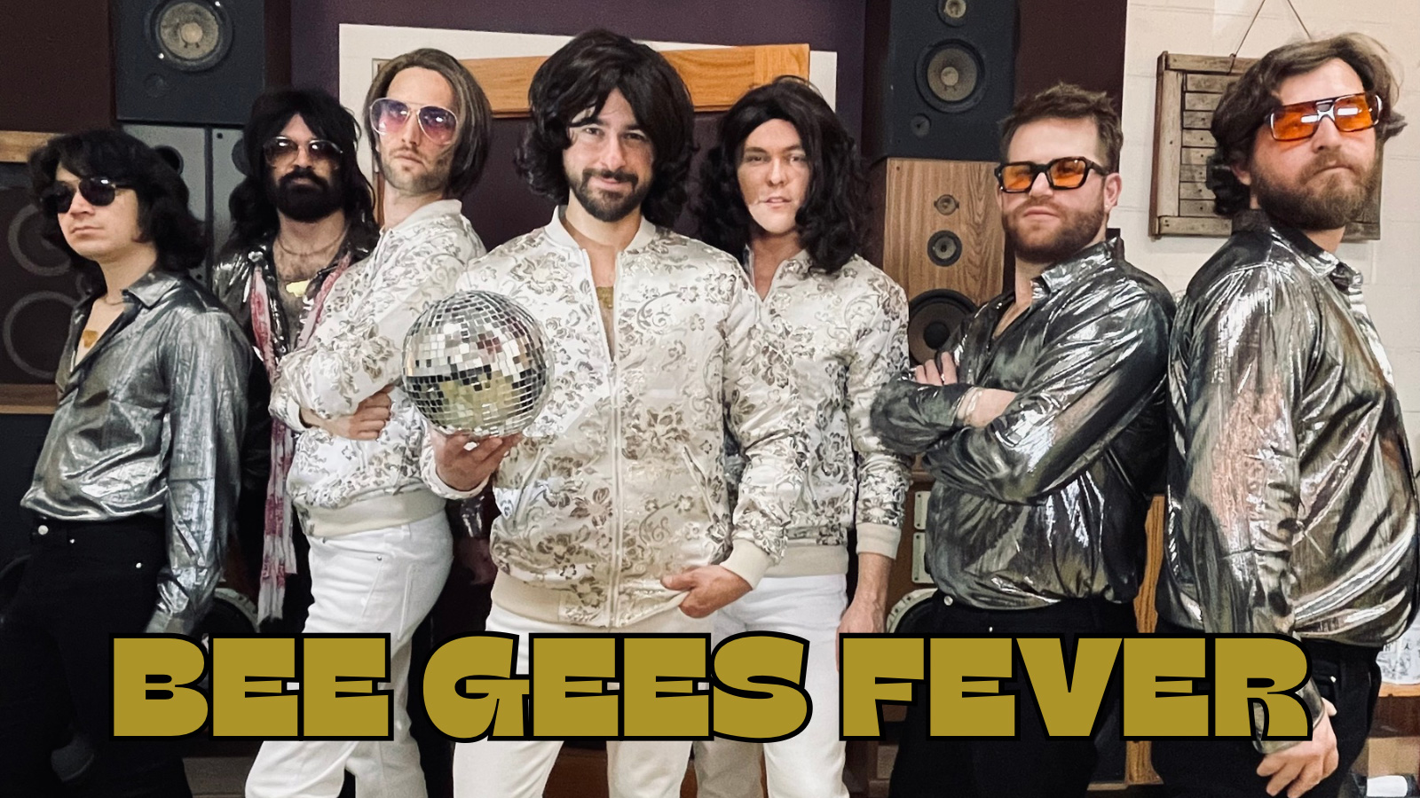 Members of the band dressed as the Bee Gees composite with Bee Gees Fever text