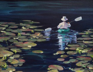 Joan Brown Painting of a person rowing on the water with lily pads