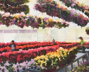 Joan Brown painting of a greenhouse with flowers
