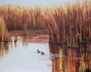 Joan Brown painting of a calm lake with reeds and ducks