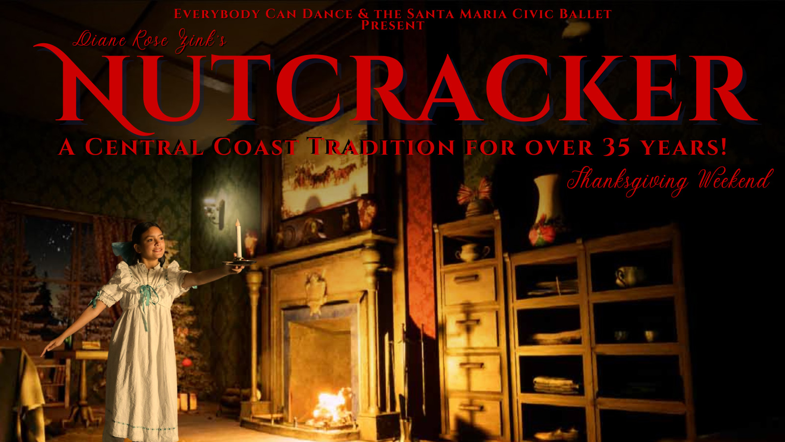 Text Diane Rose Zink's The Nutcracker with image of a young girl in front of a fireplace