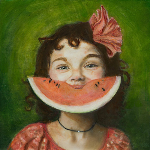 Painting of a child with a watermelon titled Watermelon by Elizabeth Chaney