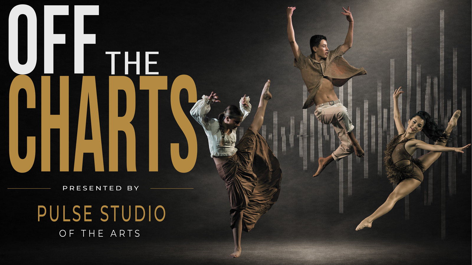Dancers leaping through the air with composite text Off the Charts presented by Pulse Studio of the Arts