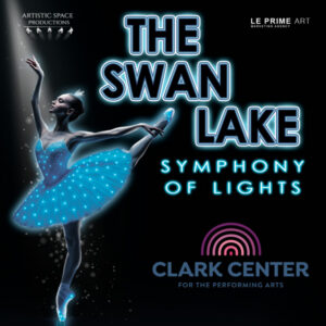 The Swan Lake Symphony of Lights composite image with ballet dancer wearing tutu adorned with points of light.