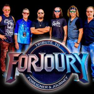 Members of Forjoury standing behind logo