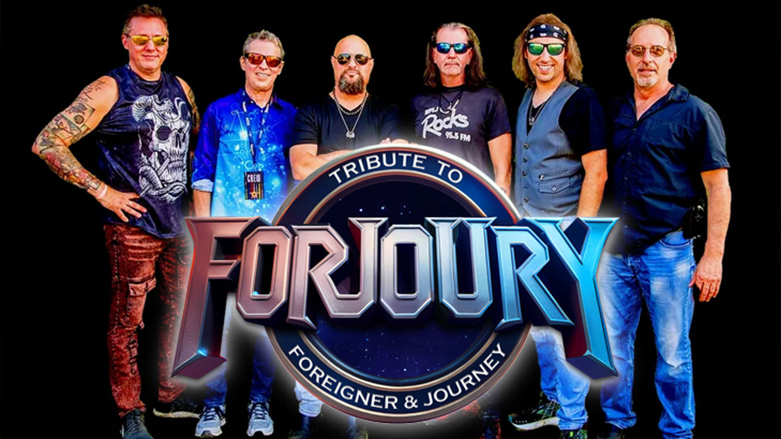 Members of Forjoury standing behind logo