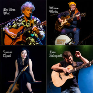 The guitarists of International Guitar Night: Jim Kimo West, Luca Stricagnoli, Minnie Marks and Roxane Elfasci.
