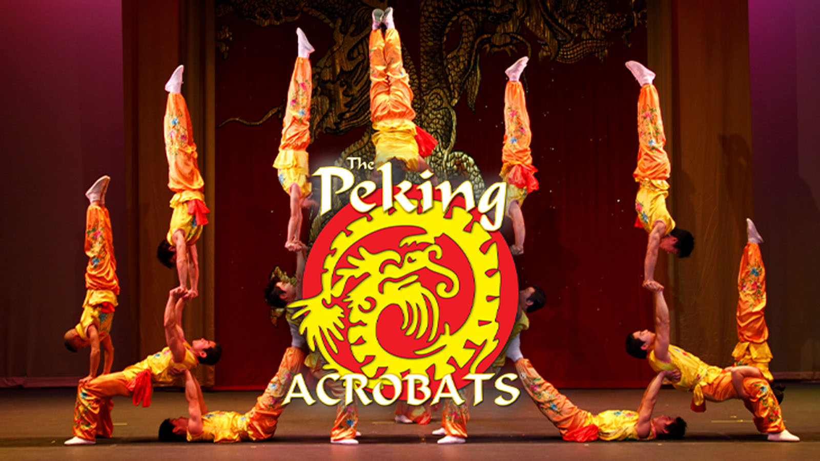 Several acrobats balanced together with The Peking Acrobats logo.